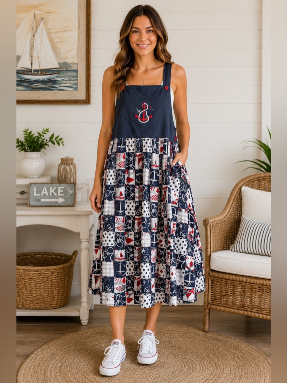 Vintage 90s Pam’s Closet Size  L Nautical Sailboat Embroidered Jumper Dress USA